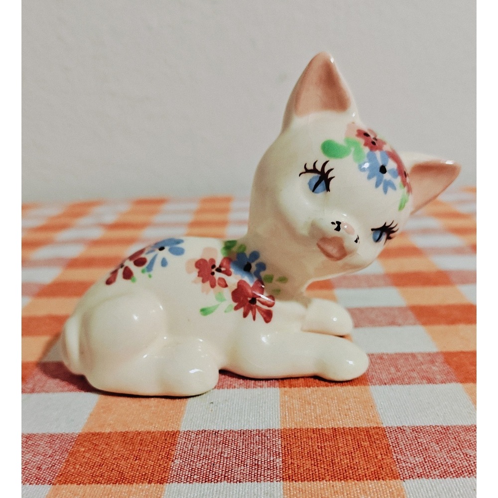 Rare 1940's DeLee Cat  Floral ‎ Porcelain Figurine Pottery Hand Painted